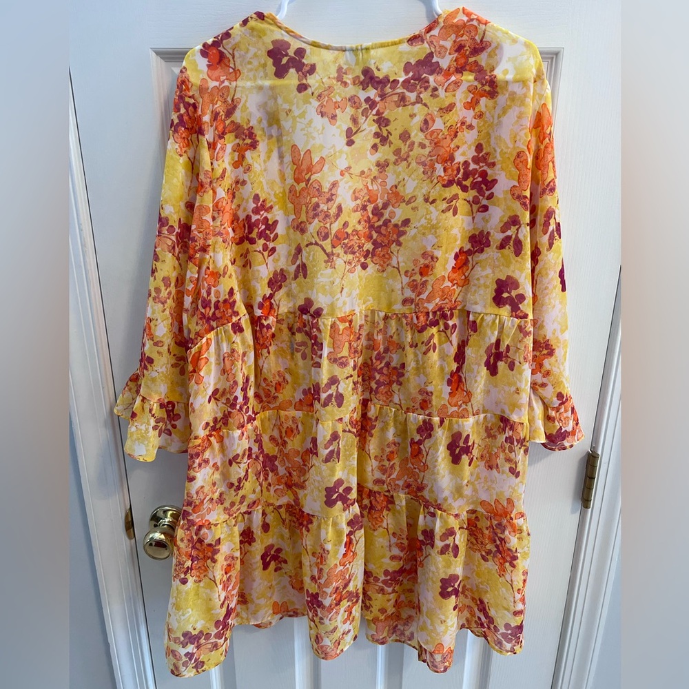 Yellow/orange sheer babydoll flower 3/4 ruffle sleeve open front top 14W/16W - Picture 2 of 9
